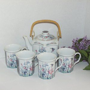 Vintage Tea Set Iris & Hummingbirds Teapot 4 Mugs Japan Cottagecore Cabincore